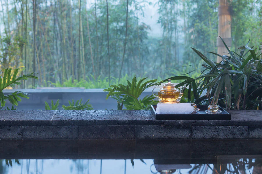 a glass tea kettle full of brewed herbal tea in a spa like setting